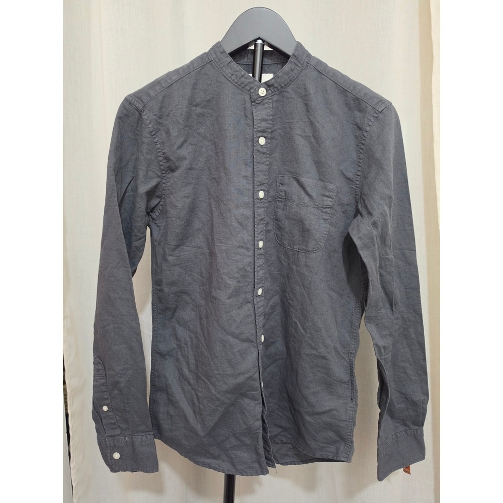 American Eagle Mens XS Charcoal Grey Linen Blend Band Collar Button Down Shirt